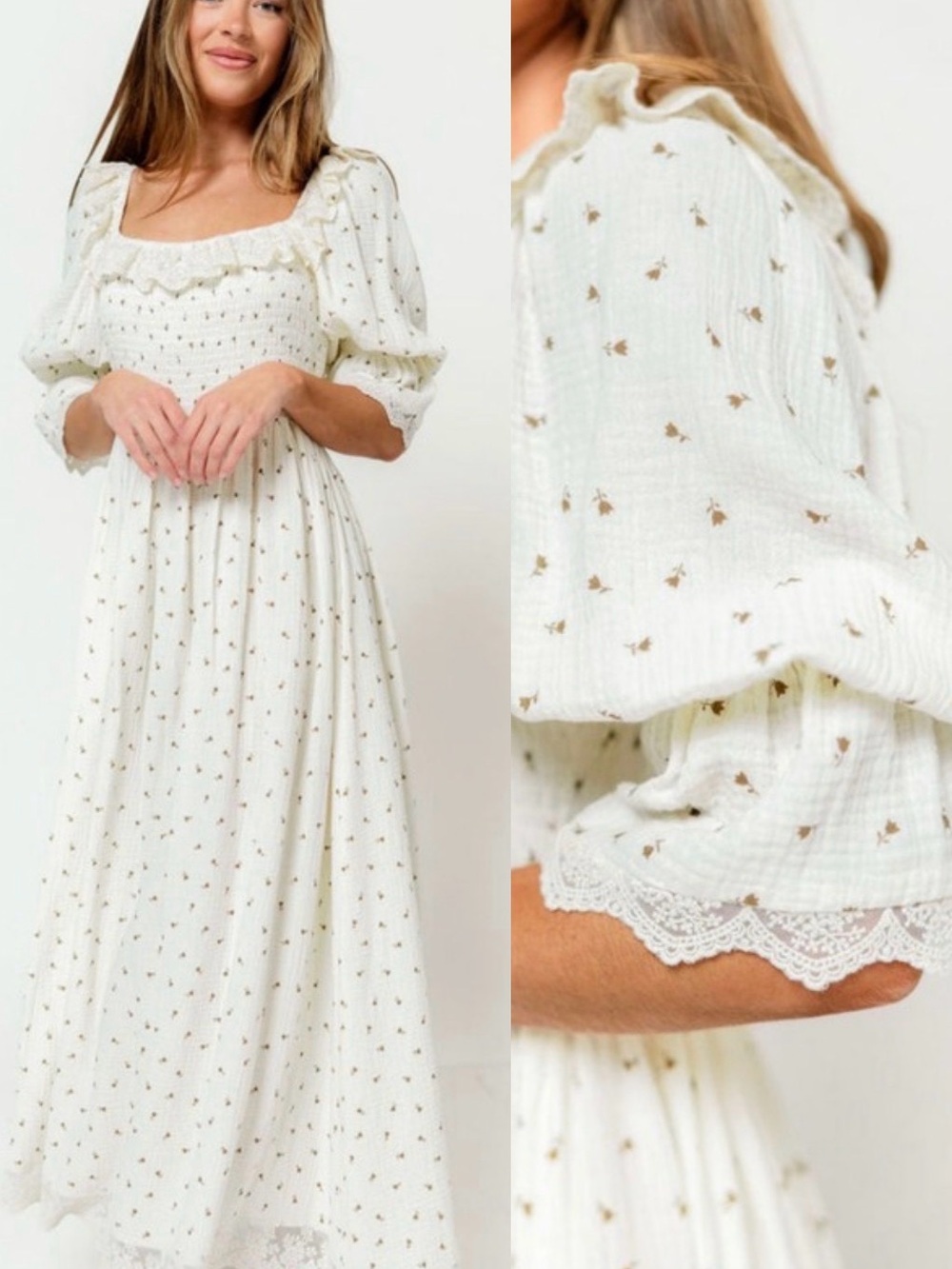 NWT Worth Collective Cottagecore Maxi Dress Floral Smocked Lace White M Ditsy